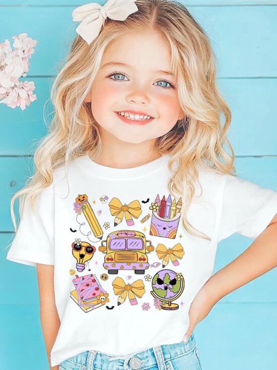 Tops - Coquette Bow Teacher Tee, Pumpkin School Supplies Kids Shirt